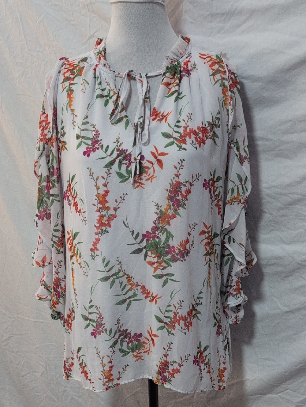 Worthington White Floral Ruffle-Sleeve Tie-Neck Blouse